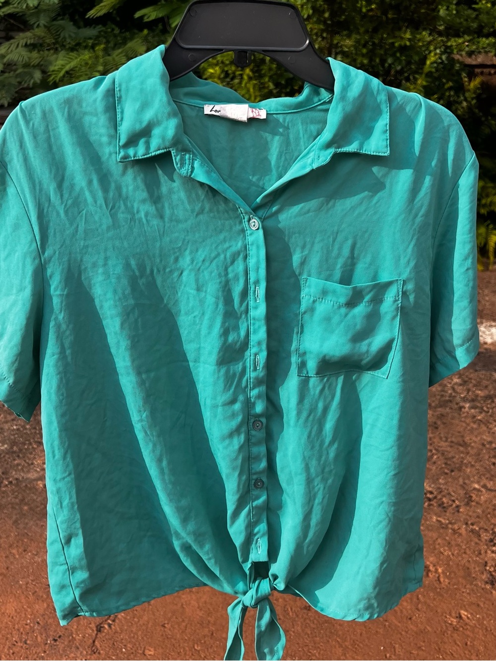 Love Squared Teal Tie-Front Short-Sleeve Button-Down Shirt